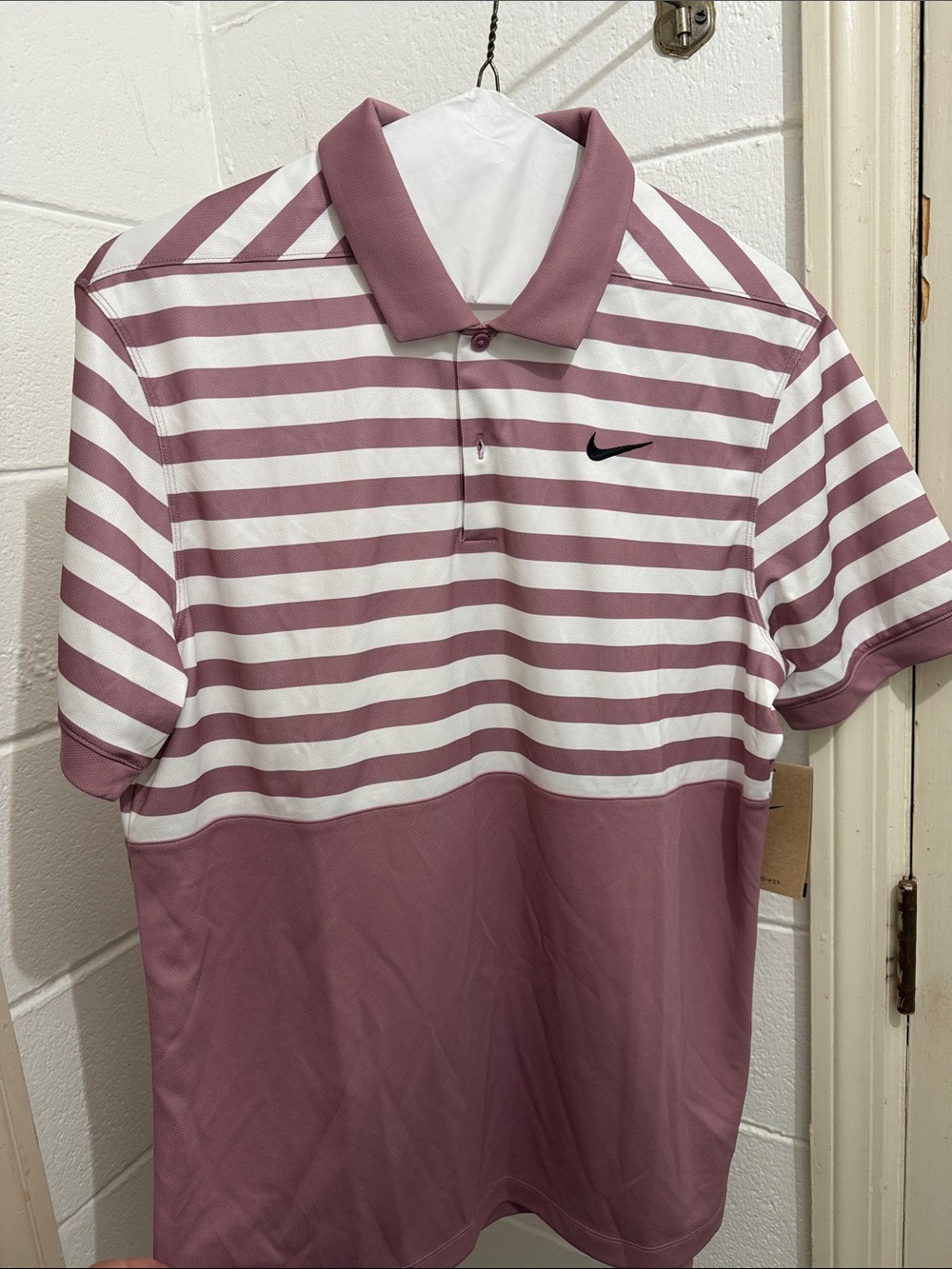 Nike Mauve and White Striped Polo with Solid Lower Panel